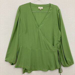 LOFT Green Wrap Peplum Tie Waist Feminine Flowy Long Sleeve Top XL Preppy